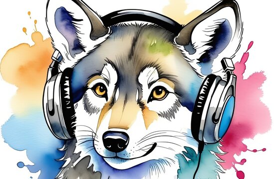 Wolf in headphones, photo for advertising
