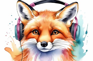 Fox in headphones, photo for advertising