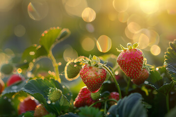 /imagine: A tranquil scene of strawberries basking in the warmth of dawn.