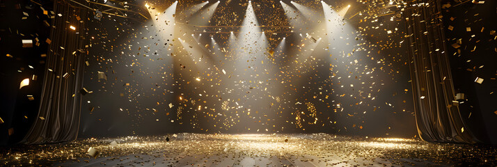 Festive stage illuminated by a central light beam, adorned with golden confetti rain. 