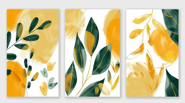 Golden and luxury pattern design with leaves line arts, Hand draw organic shape design for wall framed prints, canvas prints, posters, home decor