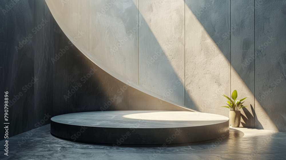 Poster a modern and stylish podium with geometric shapes and a subtle shadow for depth, designed for showca