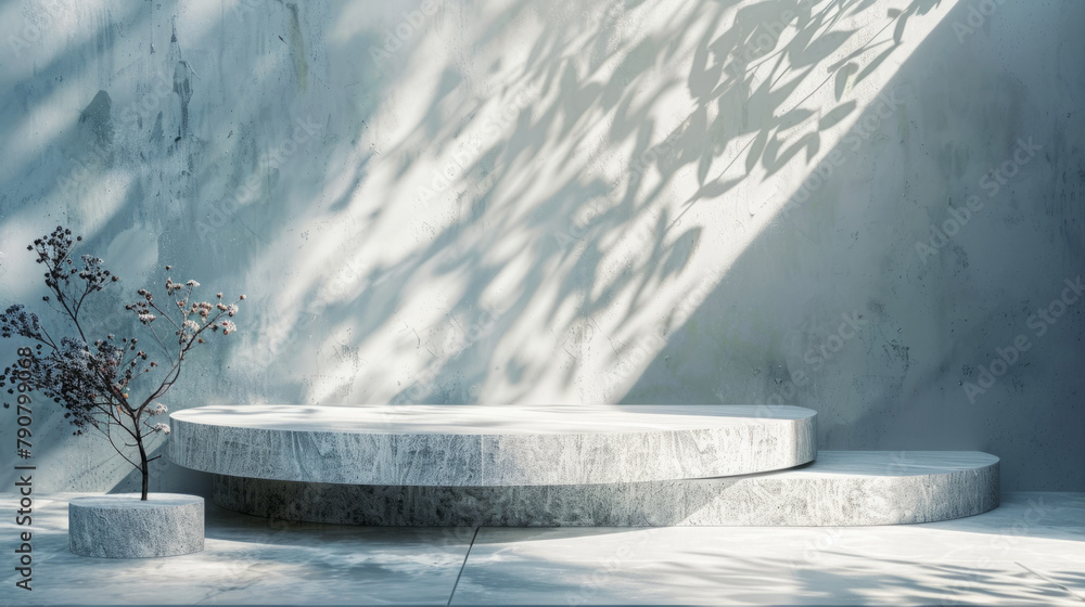 Poster visualizing elegance with an abstract white stone podium casting delicate leaf shadows in a serene 3