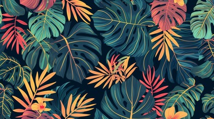Floral wallpaper design with exuberant flowers and leaves, split-leaf Philodendron plant, Monstera plant, jungle plants line art on trendy background. - obrazy, fototapety, plakaty