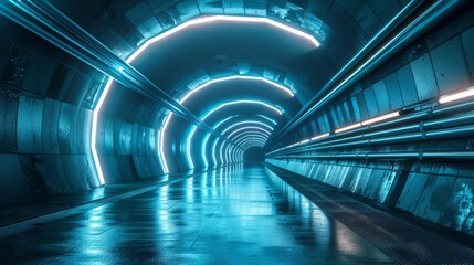 Futuristic underground tunnel captured in long exposure shot offers minimalist design and eerie atmosphere.