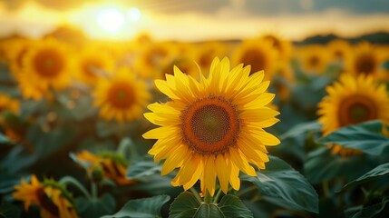 Obraz premium Golden Glow: Sunflower Field at Sunset, generative ai