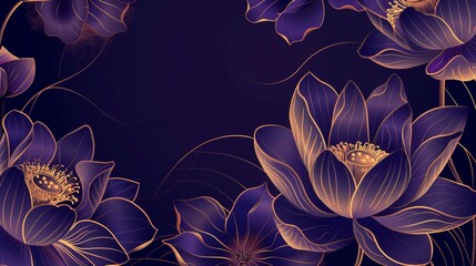 Naklejka premium Stylish purple background design with golden lotus flowers. Modern illustration for wallpaper, natural wall arts, banners, prints, invitations, and packaging.