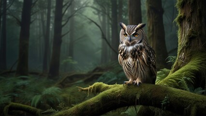 A wise old owl sits perched on a moss-covered branch, its gaze piercing into the depths of the forest. This hauntingly beautiful image captures the owl's ancient wisdom and deep connection to nature. 