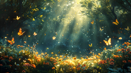 Fototapeta na wymiar Enchanted Sunbeams: Watercolor Portrait of Sun-Dappled Forest with Shimmering Flora