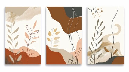 Earth tone boho foliage line art drawing with abstract shape. Abstract Plant Art design for print, cover, wallpaper, minimalist and natural wall art....