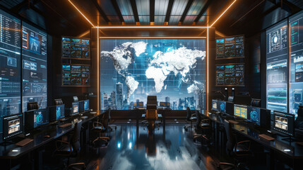 Cutting-edge global security operation center with real-time international surveillance data displayed on oversized screens.