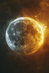 Illustration featuring gold and silver moon and sun over dark background, symbolizing celestial bodies and their influence.