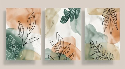 This watercolor wall decoration collection is designed for interior, poster, cover, and banner decoration. It includes leaves, organic shapes, earth tone, leaf branch, and monstera in line art style.