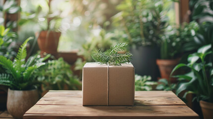 Environmentally friendly packaging design displayed on a natural wood table surrounded by green plants.