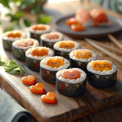 Whimsical 3D rendered sushi close-up with happy and heart emojis, creating a fun, affectionate food presentation -ar 4:3 -v 6 - obrazy, fototapety, plakaty