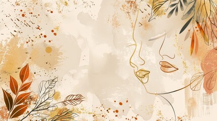 A botanical background design with a woman's face, leaf, flower and tree in earth tone watercolor and gold glitter. It can be used for packaging, texts, and prints.