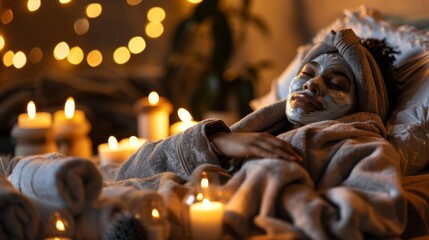 Serene Woman Enjoying a Relaxing Spa Day at Home with Face Mask and Candles - obrazy, fototapety, plakaty