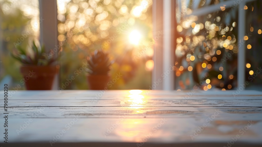 Aufkleber an empty white table with soft light and a bokeh background, creating a serene and minimalist atmosp