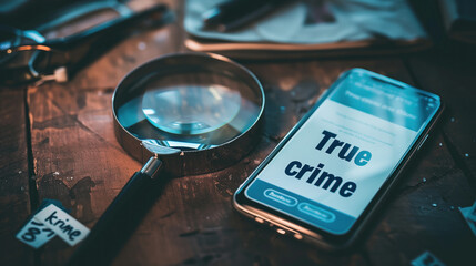 True crime podcast concept with a detective theme on smartphone screen.