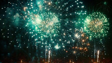 Green firework in night time celebrate national holiday. Green Firework celebrate anniversary happy new year 2024, 4th of july holiday festival. Countdown to new year 2024 festival party background