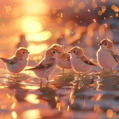 Close-up of little birds in a cartoon-style 3D rendering, frolicking on a river at sunset, serene pastel colors -ar 4:3 -v 6