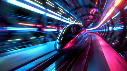 A 3D animated scene depicting a futuristic transport pod, carrying an alien, speeding through a tunnel