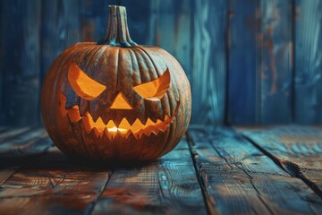 Photo of Halloween pumpkin head lantern on wooden background. Concept Halloween.