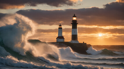 Huge wave hitting shore  rocks during sunset with lighthouse