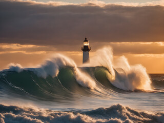 Huge wave hitting shore  rocks during sunset with lighthouse
