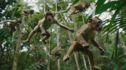 Fototapeta premium Monkey Merriment: A Troupe of Playful Monkeys Swinging Through the Canopy, Their Joyous Chatter Filling the Air as They Frolic and Tumble in Nature's Playful Playground.