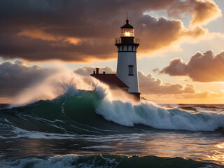 Huge wave hitting shore  rocks during sunset with lighthouse
