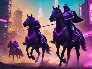 Knights riding on horses through forrest witzh dramatic light