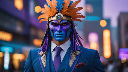 business warrior in a city with headdress
