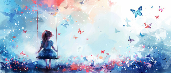 Watercolor painting featuring a cute little princess swinging surrounded by butterflies.