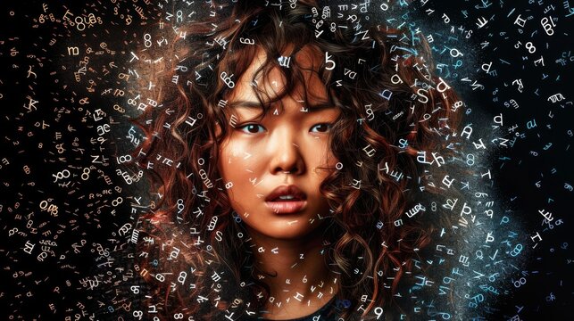Digital Mind: Young Woman Surrounded by Floating Numbers on a Dark Background