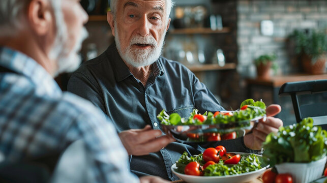 Senior man consults nutritionist, hands close-up, crafting personalized diet plan to meet his unique dietary needs for optimal health and wellness.