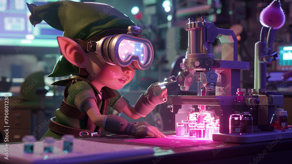 Poster 3d-rendered a chibi elf wearing goggles and interacting with a complex machine that integrates livin