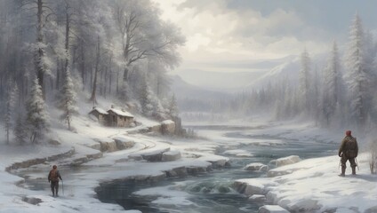two travelers in a snowy forest on the bank of a river look at an abandoned hut - obrazy, fototapety, plakaty