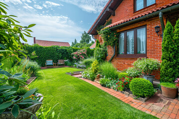 Back and front yard cottage garden, flowering plant and green grass lawn, brown pavement and orange brick wall.