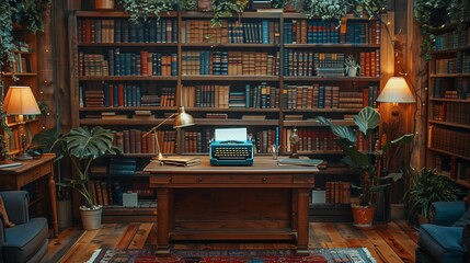 Vintage Home Office with Classic Typewriter and Old Books, generative ai