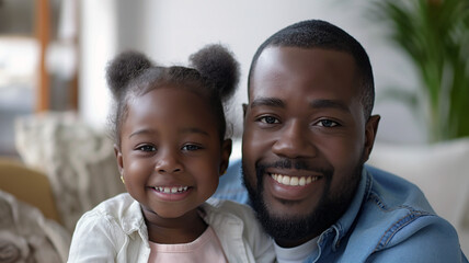 enjoy happy love black family african american father carrying daughter little african girl child smiling in the white living room at home. Happy black African American father day concept.