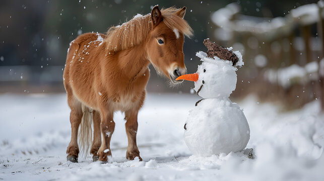 Funny little pony with a horse shaped snowman in winter, generative ai
