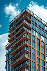 Vertical image of a modern high rise tower block building