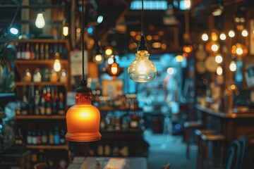 Sparse orange-yellow-green bokeh on a black background in a mysterious antique store.