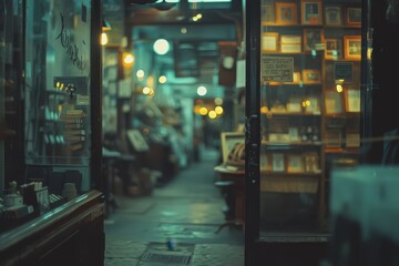 Sparse orange-yellow-green bokeh on a black background in a mysterious antique store.