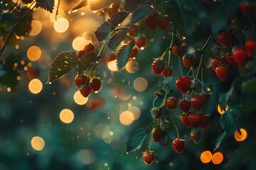 /imagine: Twilight casting a soft glow over a garden bursting with strawberries.