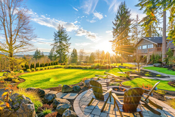 Beautiful backyard with sunshine and lovely landscaping and fire pit.