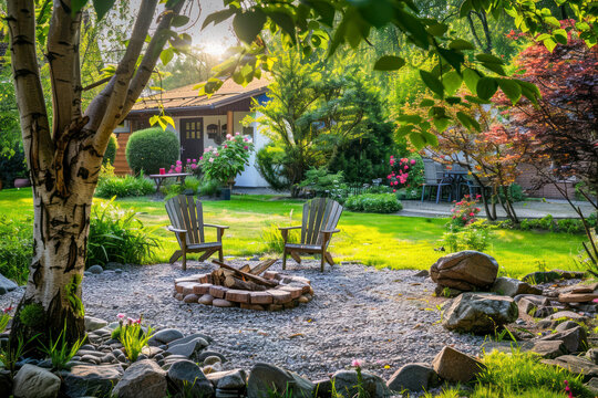 Beautiful backyard with sunshine and lovely landscaping and fire pit.