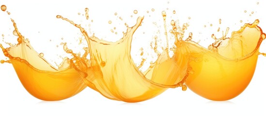 Three orange juice splashing from glass on white background