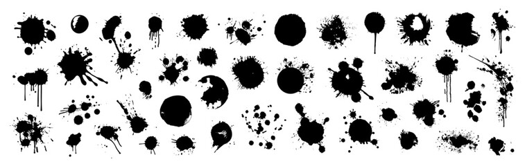 Set of abstract black ink splashes and blots on a white background. Vector collection of black paint splatters, grunge artistic effect. Ink stains and blotches textures